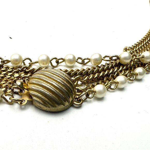 Long 47" Triple-Strand Gold & Pearl Necklace — Vintage 1960s-70s Elegance – EUC - Picture 6 of 8